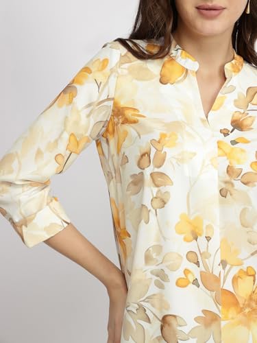 Image of FableStreet Women Shirt Work & Casual | Relaxed Fit Mandarin V-Neck Three-Quarter Sleeves Solid Pattern | Breathable Woven Fabric for Office & Everyday Wear