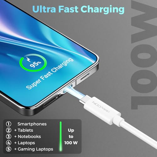 deleyCON 1m USB C Kabel USB3.2 Gen2 (10 Gbit/s + 100W Fast Charge) Kabel Ładowania Przewód Danych do SSD HDD Apple iPhone 17 16 15 Pro Max Air Galaxy S26 S25 S24 S23 iPad MacBook iMac PS5 Biały