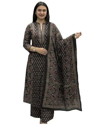 Image of GoSriKi Kurta Sets for Women Viscose Blend Printed | Kurti Set for Woman | Kurta Palazzo Dupatta Set | A Line Kurti | Mandarin Collar 3 /4 Sleeve Suit Set for Women Stylish Ethnic Outfit