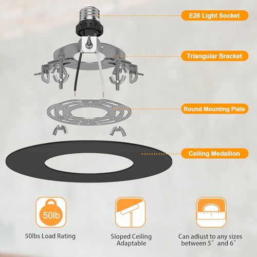 Image of 5 inch and 6 inch Recessed Can Light Conversion Kit, Fixture Upgrade, Pendant & Hanging Light, Ceiling Fan Compatible, 7 Inch Flat Steel Ceiling Medallion, Black Finish