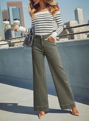 Image of Dokotoo Women's Casual High Waisted Jeans Stretch Wide Leg Loose Denim Pant