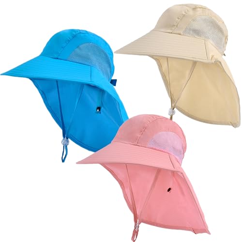 3 Pieces Kids Sun Hats with Neck Flap UV Protection Fishing Hat Unisex Children Wide Brim Beach Hat for Age 2-14