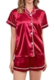 Brezzistaxs Satin Pajama Set for Women 2-Piece Satin PJ Set Button-Down Silk PJ Set - Classic Silky Pajama (US, Alpha, Medium, Regular, Regular, Red)