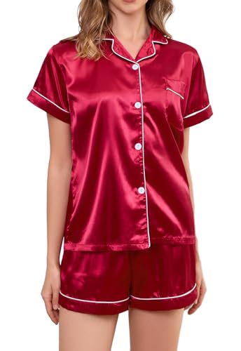 Brezzistaxs Satin Pajama Set for Women 2-Piece Satin PJ Set Button-Down Silk PJ Set - Classic Silky Pajama (US, Alpha, Large, Regular, Regular, Red)