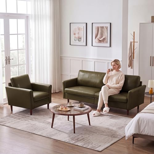 Image of Kingfun 2 Piece Faux Leather Sofa Set, Mid Century Modern Living Room Furniture Set with 3-Seater Sofa and Armchair, Small Leather Couch with Solid Wood Frame for Bedroom and Office, Olive Green