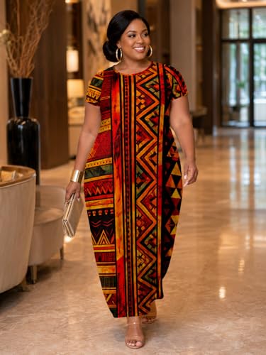 Image of Plus Size Maxi Dress for Women Short Sleeve V Neck Casual Loose Sundress with Pockets