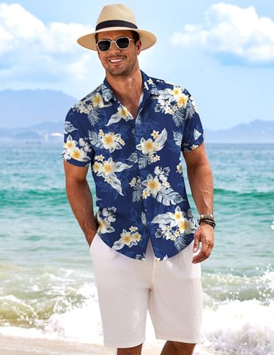 Image of COOFANDY Men's Linen Shirts Short Sleeve Casual Shirts Button Down Shirt for Men Beach Summer Wedding Shirt