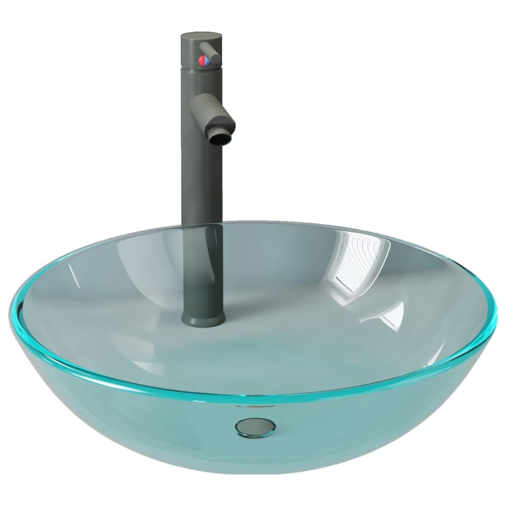 Brokky Lavabo con Grifo y tapón pulsador Cristal Templado Transparente Lavado De Bano