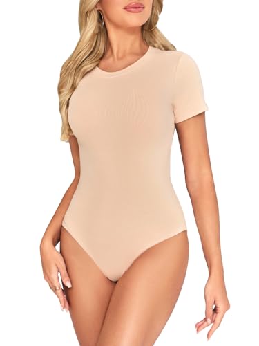 Kefiyis Body Femme Manches Courtes Bodys Femme Chic Col Rond Bodysuit Élastiqué Body String avec Snap Nude S