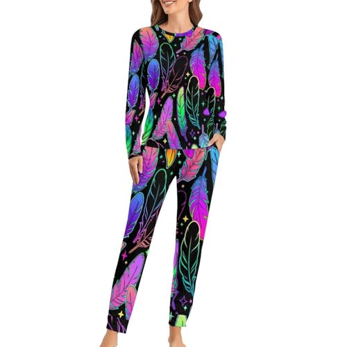 Pyjama femme avec t-shirt manches longues et pantalon à motif plumes colorées