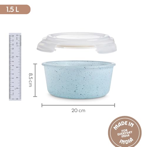 Image of Borosil 1.5 L ml Blue Food Storage Container with Air Tight Lid | Round Shape Borosilicate Glass Organiser | Microwave & Dishwasher Safe | For Fridge, Kitchen Storage
