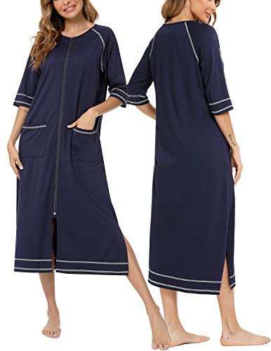 Image of Veseacky Women Robe Zipper Front House Coat 3 /4 Sleeve Nightgown Full Length Ladies Lounge Dress with Pockets S-XXL