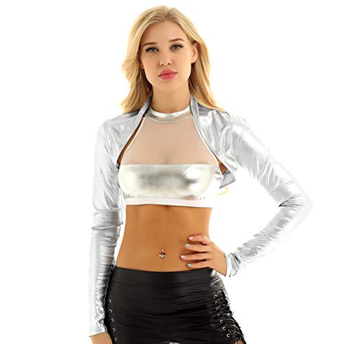 winying Womens Shiny Metallic Long Sleeves Shrug Bolero Jacket Cardigan Short Crop Tops Party Clubwear Silver Large