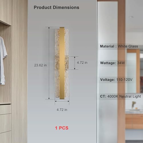 Image of Modern Crystal Wall Sconce, 24 Inch Hardwired Wall Lamp, 4000K Dimmable Gold Sconce Wall Lights Indoor Wall Mount, 34W Wall Light Fixtures for Bathroom Vanity Light, Porch, Washroom