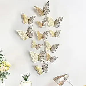 PINDIA 3D Polyvinyl Chloride Metal Butterfly Wall Stickers (Gold) - 12 Pieces, Self-Adhesive