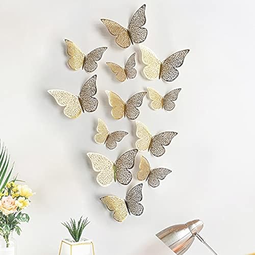 Image of PINDIA 3D Polyvinyl Chloride Metal Butterfly Wall Stickers (Gold) - 12 Pieces, Self-Adhesive, 7 cms
