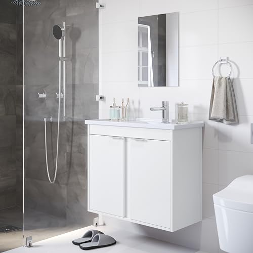 Gabinete para Banheiro 2 Portas com Pia de Marmore Sintético Espelho e Puxador Branco