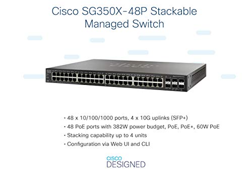 Image of Cisco SG350X-48P Stackable Managed Switch with 48 Gigabit Ethernet (GbE) Ports, 2 x 10G Combo + 2 x SFP+, 382W PoE, Limited Lifetime Protection, Black