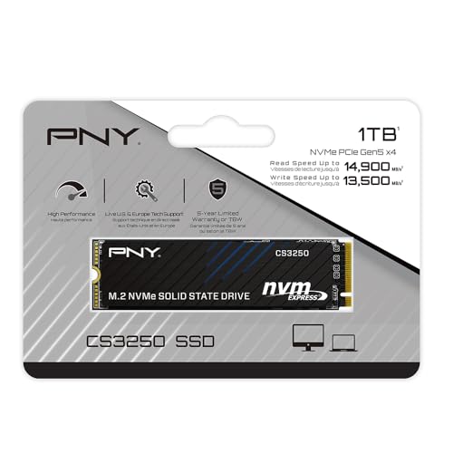 Image of PNY CS3250 1TB Gen5 SSD PCIe NVMe M.2 2280 - Up to 14,900MB /s - AI Application Ready, Ideal for Gaming, Photo /Video Editing, Demanding Workstations - Internal Solid-State Drive M280CS3250-1TB-TB