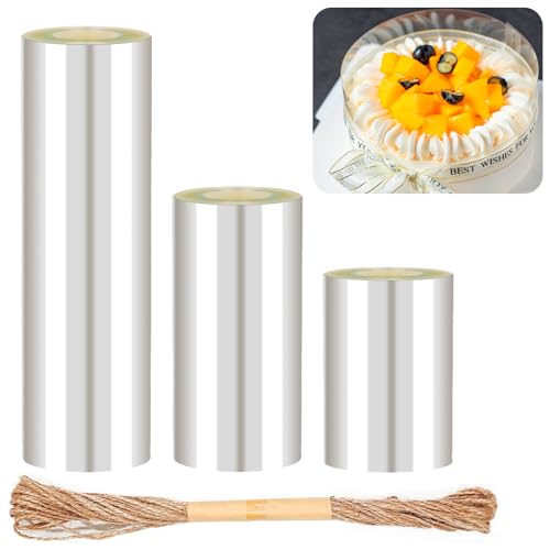 Furuising 3 Rolls Cake Collar 20cm/15cm/10cm x 10m Transparent Acetate Sheets for DIY Baking, Thickened Acetate Roll Cake Strips Cake Edge Films for Cake Decorating Chocolate Mousse Crafting