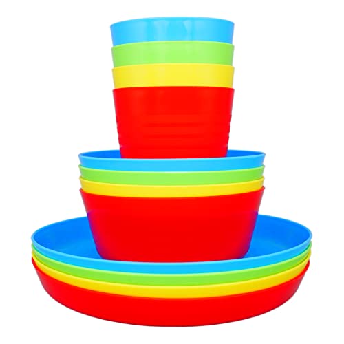 Bloomsworld Kindergeschirr-Set für Kleinkinder, 4 Kunststoffbecher, Schüsseln und Teller, wiederverwendbar, BPA-frei, Kindergarten-, Party- und Campinggeschirr für Jungen und Mädchen - Bunt