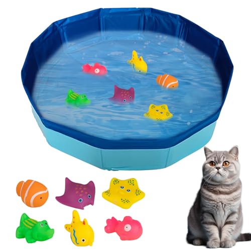 Katzen Pool 30x10cm, Faltbare Katzenpool mit 6 Spielzeug, Mini Pool für Katzen Hunde, Katzenspielzeug Swimmingpool, Planschbecken für Katze Hundebadewanne, Wasserspielzeug Minipool für Sommer (A)