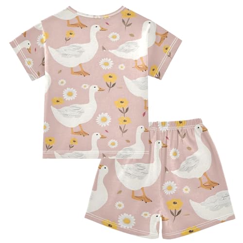 ALAZA Cute Goose with Flower Floral Pajamas Short Sleeve 2 Piece Sleepwear Top and Bottom Pajama Set Unisex2