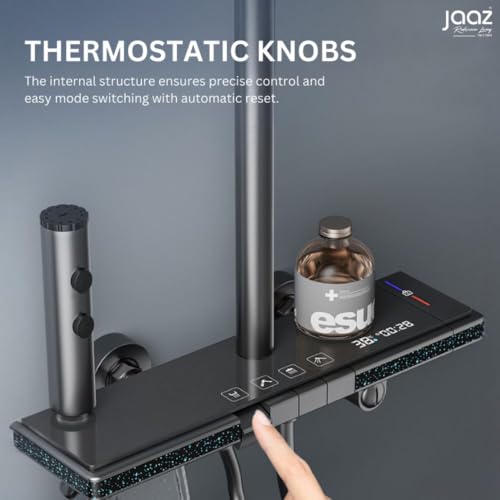 Image of Jaaz Thermostatic Piano Shower Set for Bathroom with Rainfall Showerhead, Waterfall Outlet, Hand Shower & Temperature Display - Matte Black (Moonlit)