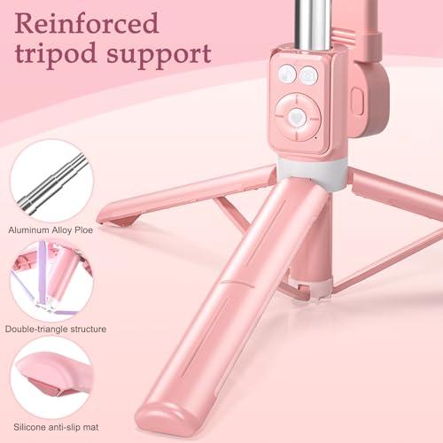 Selfie Stick Tripod with Fill Light, Phone Selfie Stick,Durable Stainless Steel Design,Bluetooth Remote Control,and Stable Three-Legged Support for Live Broadcasts,Video Shooting (Pink) by Mouzakon - Image 4