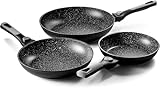 Pradel Excellence   Lot de 3 Poêles   Manches Amovibles   Intérieur Anti Adhérent Façon Pierre   20/24/28 cm   Aluminium Forgé   Tous Feux y compris Induction, Noir