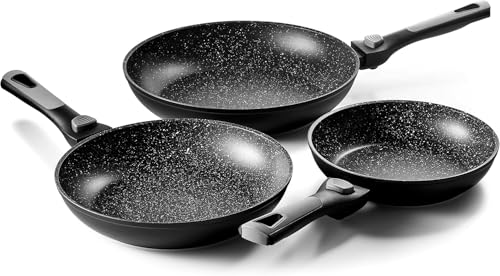 Pradel Excellence - Lot de 3 Poêles - Manches Amovibles - Intérieur Anti-Adhérent Façon Pierre - 20/24/28 cm - Aluminium Forgé - Tous Feux y compris Induction, Noir