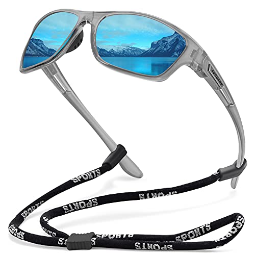Image of KUGUAOK Polarized Sports Sunglasses for Men Driving Cycling Fishing Sun Glasses 100% UV Protection Goggles, Clear Gray Frame Blue Mirror, 0