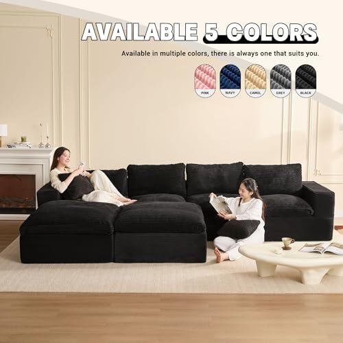 EJC 137.8” Sectional Couches for Living Room, Set of Cloud Couch, Modular Sectional Sofa, Convertible Sofas Bed, Deep Seat Sofa, U Shaped Cozy Sofa Furniture Set, Corduroy, Black - 4