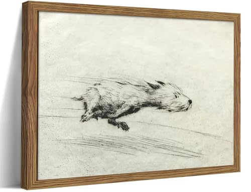 Framed Dog with Zoomies Canvas Wall Art Vintage Dog Flight Poster Print Sketch Running Little Pictures Decor Black and White Silly Wall Decor for Living Room Bedroom 8x10 inch