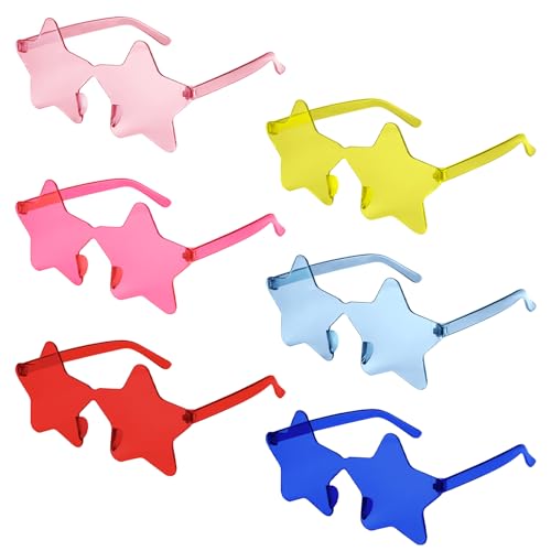 NACHLYNN 6 Pcs Transparent Sunglasses Multicolor Rimless Star Shaped Sunglasses Pentagram Glasses for Costumes Cosplay