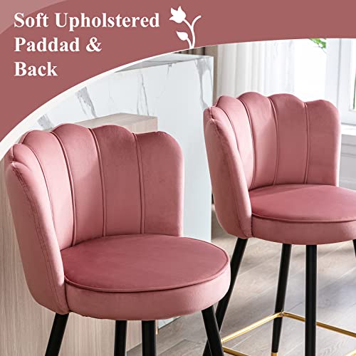 Chairus Counter Height Stools Set Of 2 With Beautiful Floral Back Velvet Mid Century Modern Stools 26 Inch Comfortable Padded Kitchen Island Stools Chairs, Dark Pink #TOP3