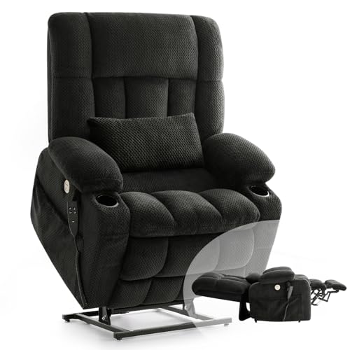 Infinite Position Lift Chair for Elderly W/Massage & Heat, Dual Motor Power Lift Recliner Chair for Elderly, Lay Flat Lift Recliner With Cup Holders, One-Touch Reset, Lumbar Pillow, Fabric (Grey)