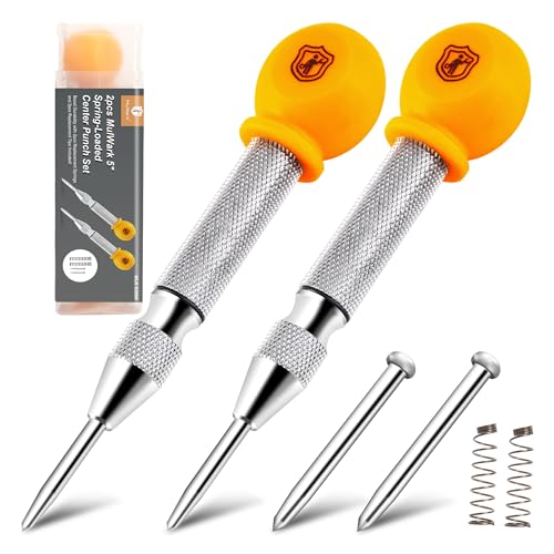 Mulwark 5'' Automatic Center Punch Set - Spring Loaded Center Punch for Metal, Wood, Plastic, Car Window Puncher Breaker Tool with Palm Cap, Replacement Tips and Springs Included, 2 Packs with Case