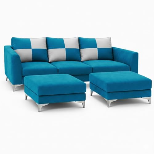 Image of Romeo 5 Seater L Shape Sofa Set with 2 Movable Ottomans | Flexible Layout | Rich Velvet Suede Fabric | Silver Legs | Modern Sofa for Living Room (Aqua Blue Color)