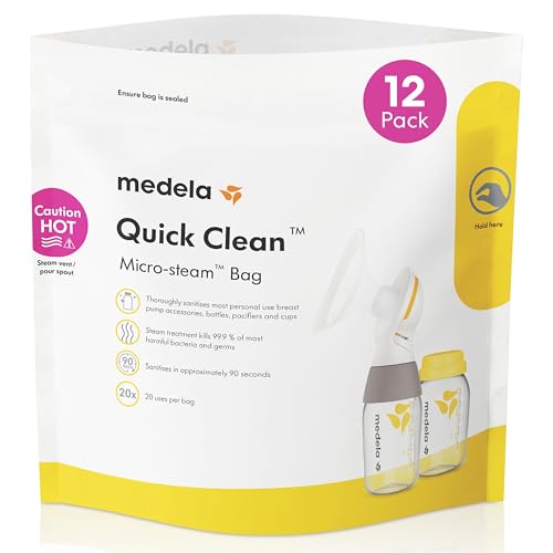 Medela Quick Clean Microwave Sterilizer Bags for Bottles and Breast Pump Parts, Reusable Up to 20 Times Per Bag, Food-Grade Material, Made Without BPA, Pack of 12
