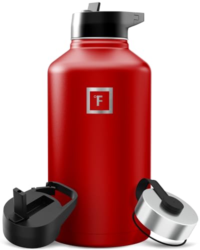 IRON °FLASK Camping & Hiking Hydration Flask with Straw, Wide Mouth Insulated Stainless Steel Sports Water Bottle - 64 oz Fire Red