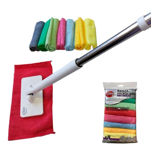 Clim Profesional Pack Mini Mopa con Clip y 8 Bayetas de Microfibra 100% Multicolores, Resistentes y Reutilizables