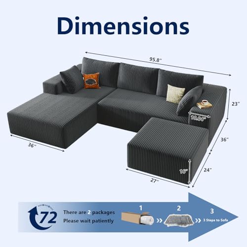 Image of 96 inch Modular Sectional Sofa with Ottoman, Modern Corduroy Cloud Couch with Deep Seat, Boneless Couch Upholstered 3-Seater U-Shaped Sofa for Living Room, No Assembly (Grey, Left-Facing Chaise)