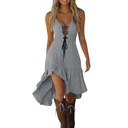 Image of Womens Dresses Women's Casual Dress V Neck Lace Up Tie Detail Asymmetrical Flowy Hem Comfortable Everyday Wear Home Spring Summer Fall Outfit Wedding Guest Dress (Grey, M)