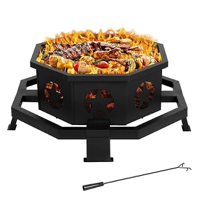 Hykolity 35 Inch 2 in 1 Fire Pit with Grill, Large Wood Burning Fire Pit with Cooking Grate, Octagonal Outdoor Firepit with Fire Poker for Backyard Bonfire Patio Outside Picnic BBQ