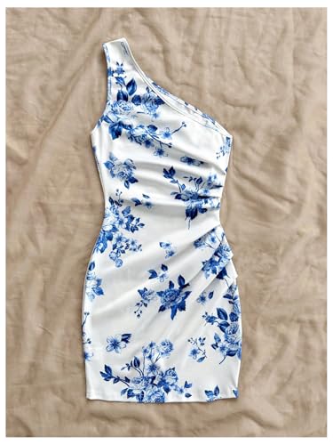 MakeMeChic Girl's Floral One Shoulder Dress Ruched Sleeveless Bodycon Summer Mini Dresses2