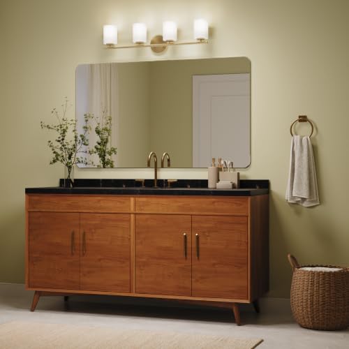 Image of Progress Lighting Replay 31.125 Inch 4-Light Vanity Light, Transitional, Brushed Gold with Etched Glass Shades, (7.875 inch H x 31.125 inch W x 6 inch D), P2160-191