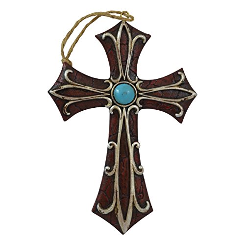 Pine Ridge Cross Ornament Display Western Accent with Turquoise Centerpiece - Rustic Religious Hanging Cross Ornaments for Christian Tree - Vintage Christening Baptism Favors (4" x 6")