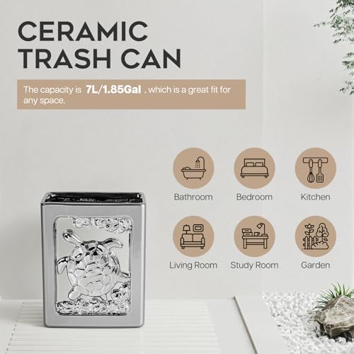 Image of Ceramic Trash Can - Square Garbage Can with Turtle Relief, Trash Bin for Bathroom, Bedroom, Kitchen, Office, 1.85 Gallon Small Waste Basket (Silver)