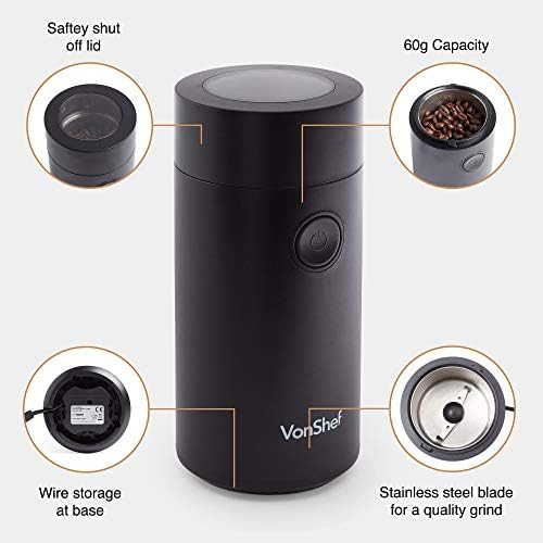 VonShef Coffee Grinder Electric 60g  Coffee Bean Grinder 2500RPM for Coffee, Nuts and Spices, 150W, Safety Lock-In Transparent Lid, Stainless Steel Blades, One Touch Button  Black